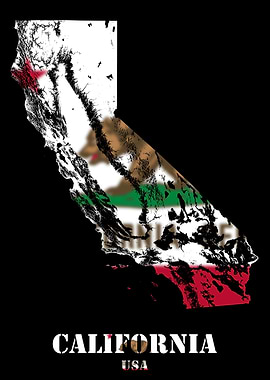 California USA Topographic Contour Relief Map blending terrain features into its emblematic colorful flag