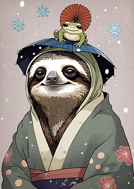 Sloth in Kimono with Frog Friend