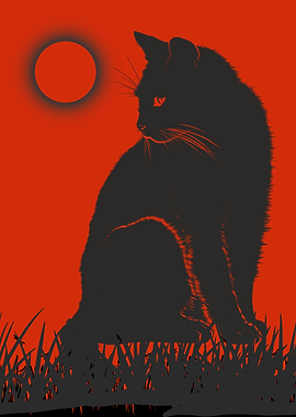 Black Cat Silhouette with Red Moon