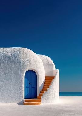 White Building with Blue Door and Stairs