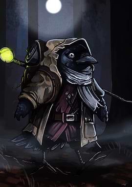 Anthropomorphic Crow Adventurer in Dark Forest