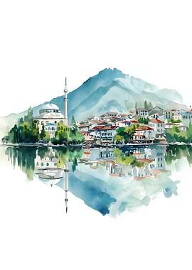 Watercolor Cityscape with Mosque and Reflection