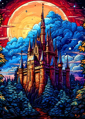 Fantasy Castle Under a Colorful Sky