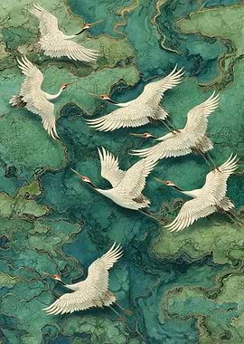 Cranes in Flight over Green Waters