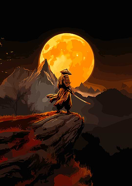 Samurai on Cliff with Moon