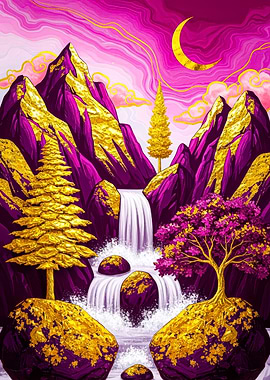 Purple and Gold Mountain Waterfall