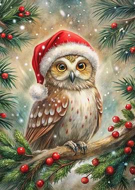 Christmas Owl with Santa Hat