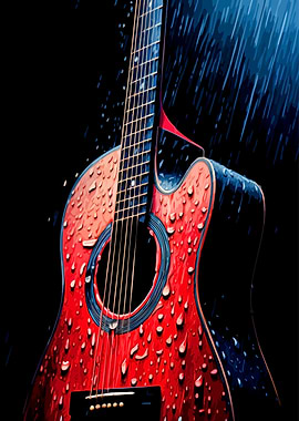 Red Acoustic Guitar in the Rain
