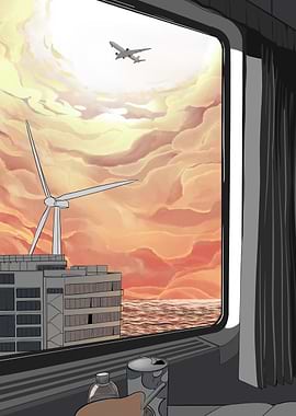 Window View: Airplane, Windmill, Sunset