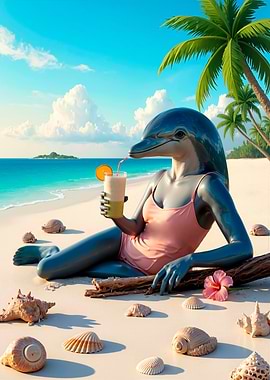 Dolphin humanoid relaxing on beach