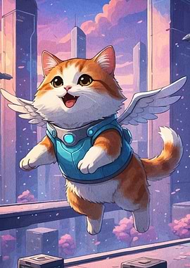 Flying Cat Futuristic Cityscape