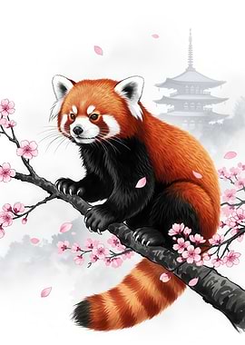 Red Panda with Cherry Blossoms