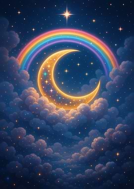 Rainbow Moon in Starry Night Sky