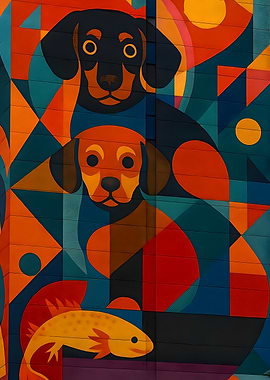 Geometric Dachshunds With Axolotl – Colourful Modern Mural Art