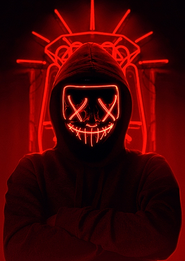 Red Neon Masked Figure in Hoodie