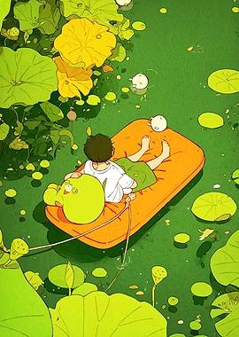 Boy Floating Pond with Lily Pads