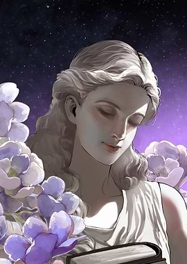Athena with Flowers and Starry Background