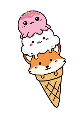 Cute Fox Ice Cream Cone Cartoon