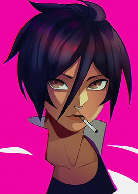 Anime Girl Smoking on Pink Background