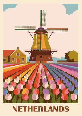 Netherlands Windmill and Tulips Illustration