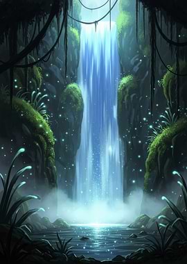Luminous Waterfall in Lush Jungle