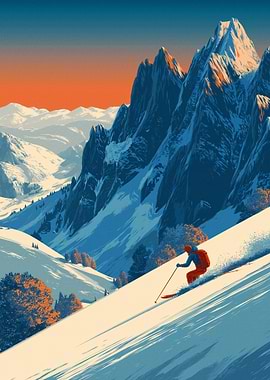 Skier in Mountain Landscape Illustration