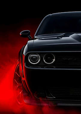 Black Dodge Challenger with Red Smoke