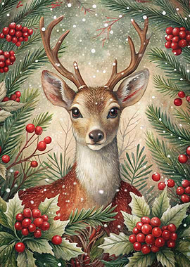 Watercolor Deer Portrait with Winter Foliage
