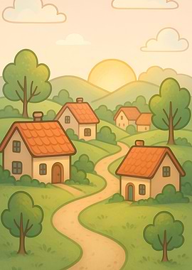 Cute Cartoon Village Sunrise Poster – Peaceful Pastel Landscape Art, Cozy Cottage Scenery