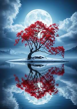 Red Tree Island Moon Reflection