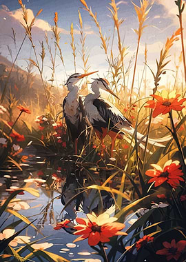 Herons in a Floral Meadow