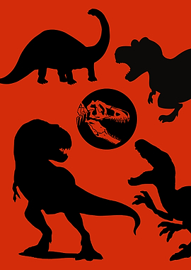 Dinosaur Silhouettes on Red Background