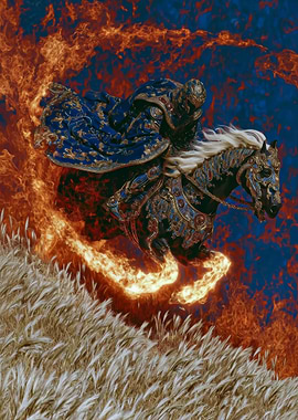 Armored Rider on Horseback Amidst Flames