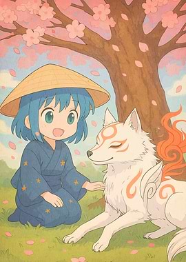 Anime Girl with Wolf Under Cherry Tree