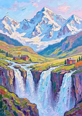Mountain Waterfall Landscape Painting