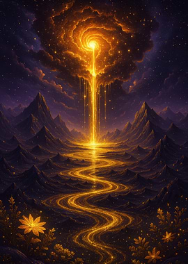 Golden River Through Mountainous Landscape