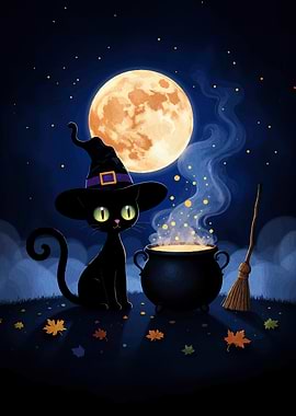 Halloween Cat with Cauldron and Moon