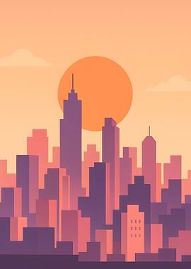 Cityscape Sunset Minimalist Illustration