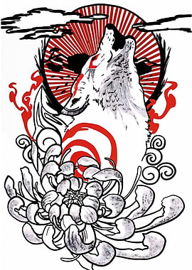 Wolf, Chrysanthemum, and Rising Sun Art
