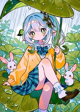 Anime Girl with Rabbits in Rain