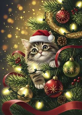 Christmas Cat in Tree