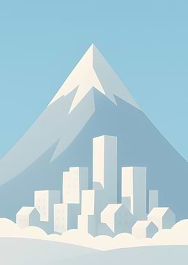 Minimalist Cityscape with Mountain Backdrop
