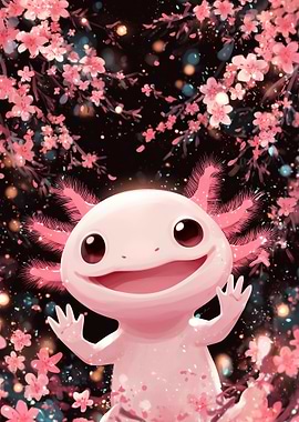 Cute Axolotl with Cherry Blossoms
