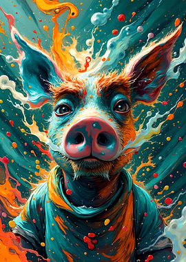Colorful Pig Portrait with Abstract Background