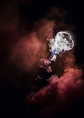 Fire breather with smoke and flames