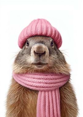 Cozy Marmot in Pink Hat and Scarf