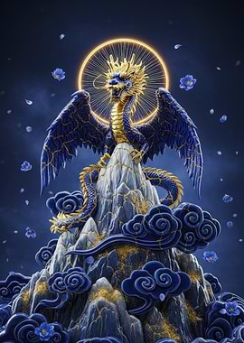 Blue and Gold Dragon on Mountain