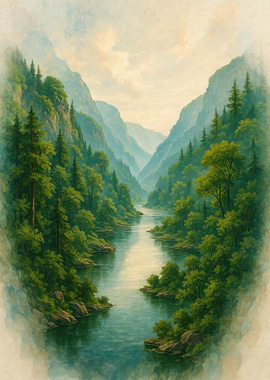 Serene River Through Misty Mountains