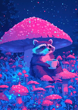 Raccoon Tea Time in Mushroom Forest