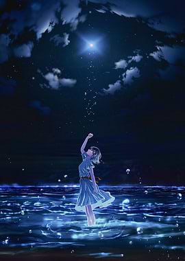 Girl Reaching for Star in Ocean